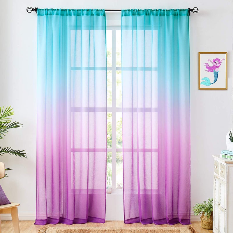 July Joy Faux Linen Ombre Sheer Curtains Blue and Purple 2 Tone Reversible Rod Pocket for Girls Bedroom, Privacy and Light Filtering Semi Gradient Window Curtain Pair, Set of 2 Panels, 54 x 84 inch - Image 1